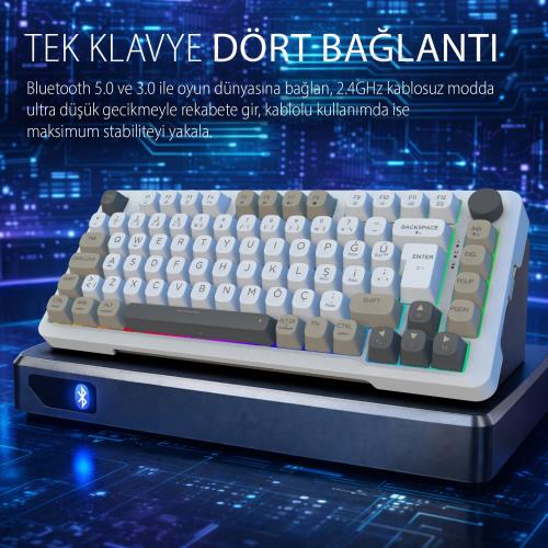 INCA IKG-455 EMPOUSA GASKET HOT SWAP POSH TRİ-MODE MAKRO RGB MEKANIK GAMING KLAVYE-BEYAZ kablosuz ve kablolu kulanma özl